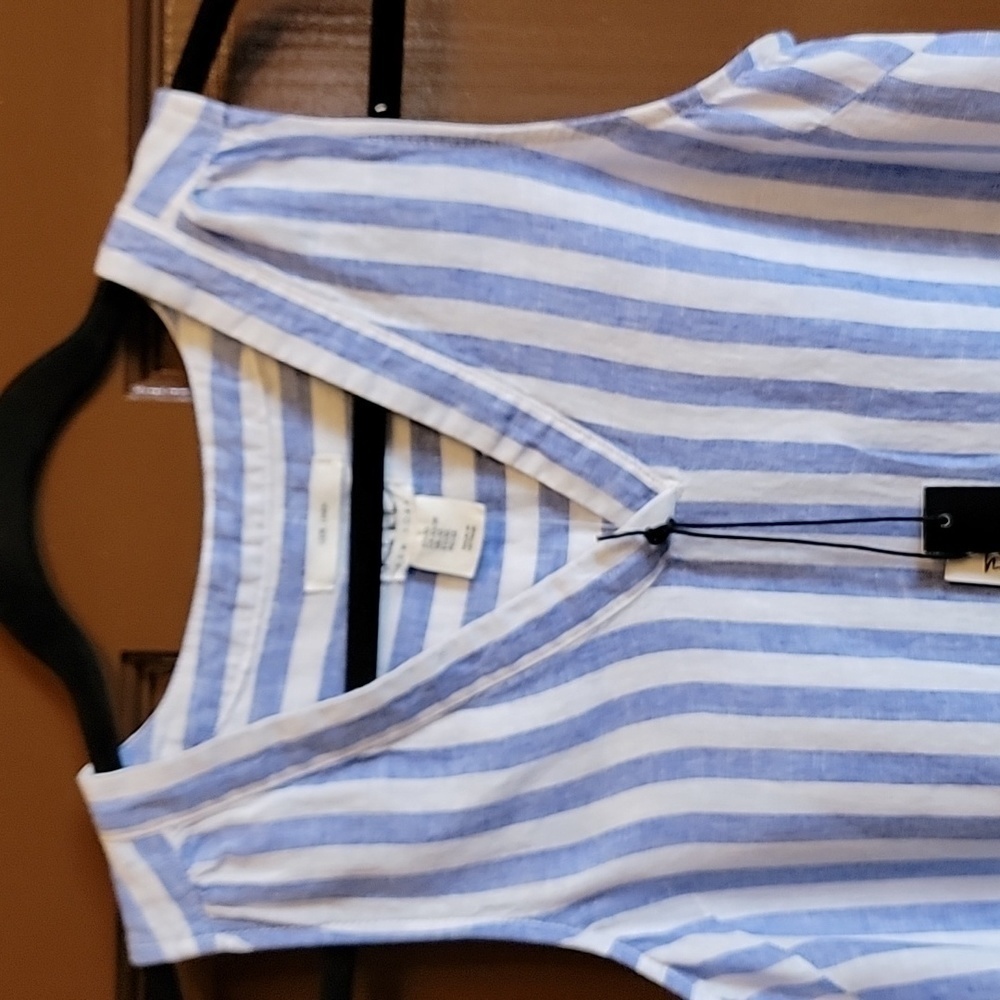 Nicole Miller-Linen blue & white striped v neck dress. XS. NWT - Picture 7 of 13